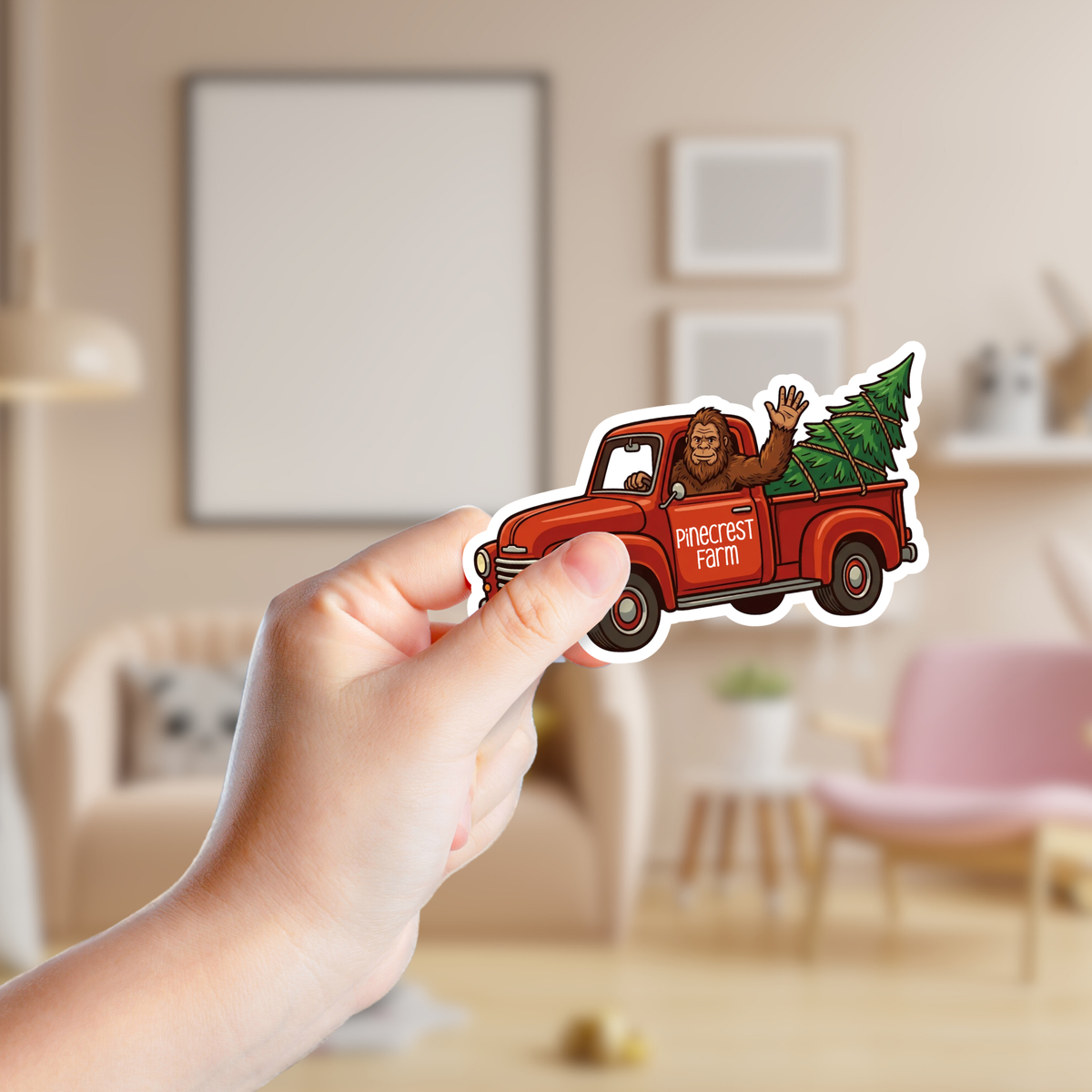 Red Vintage Christmas Truck with Bigfoot Custom Sticker