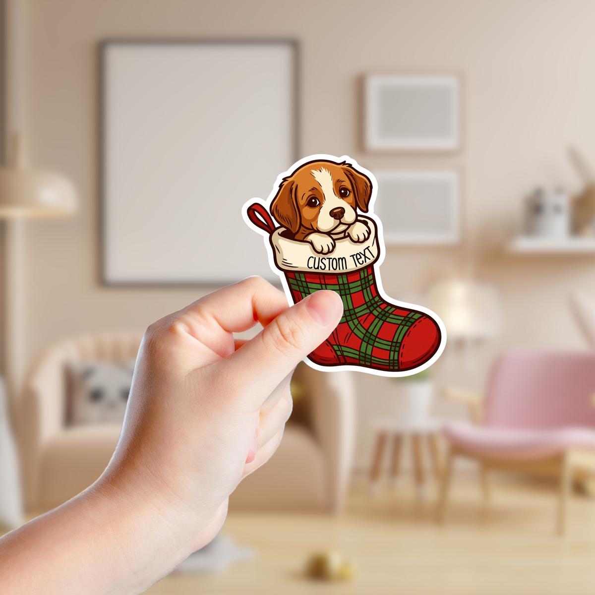 Puppy in a Stocking Custom Christmas Sticker