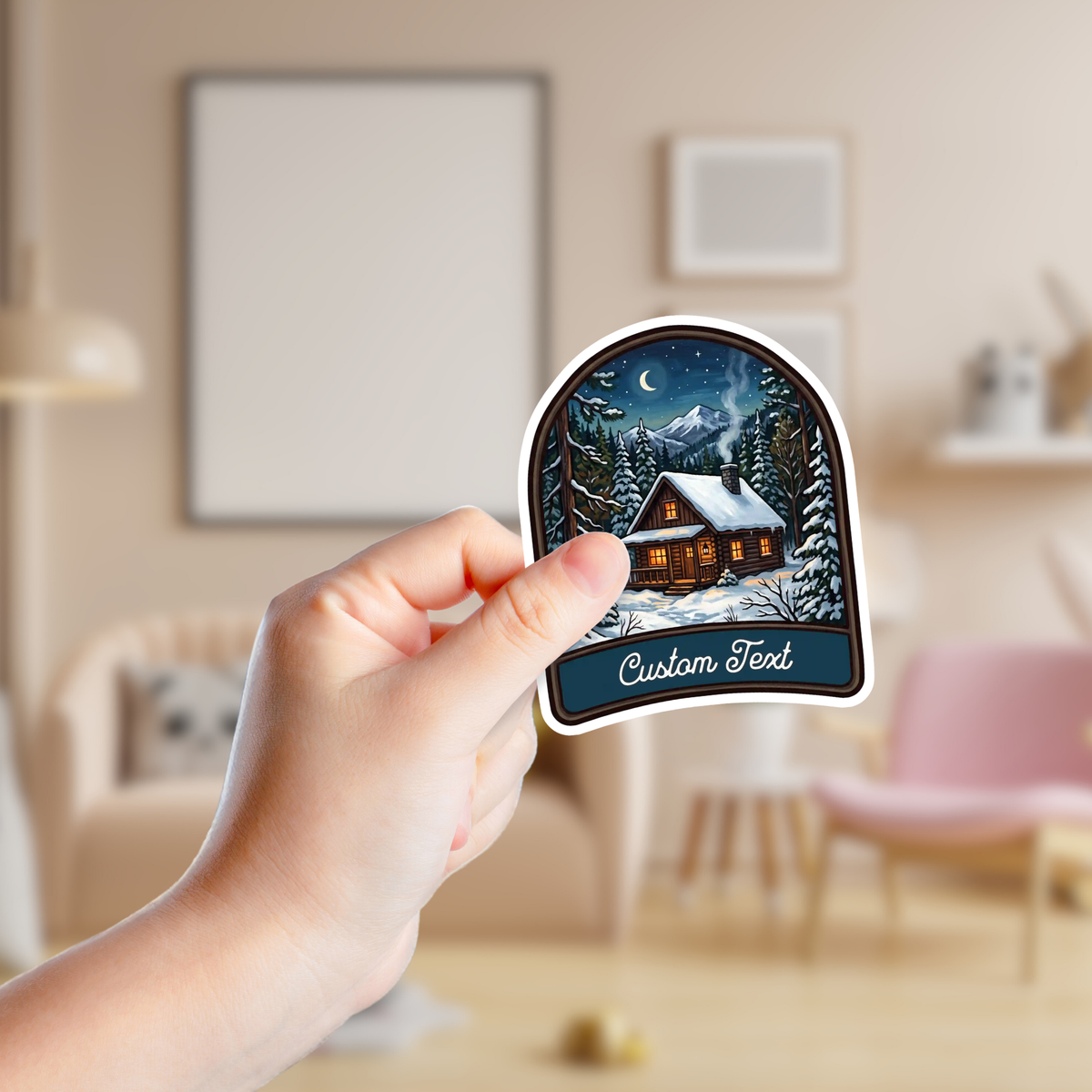 Snowy Cabin in the Mountains Custom Sticker