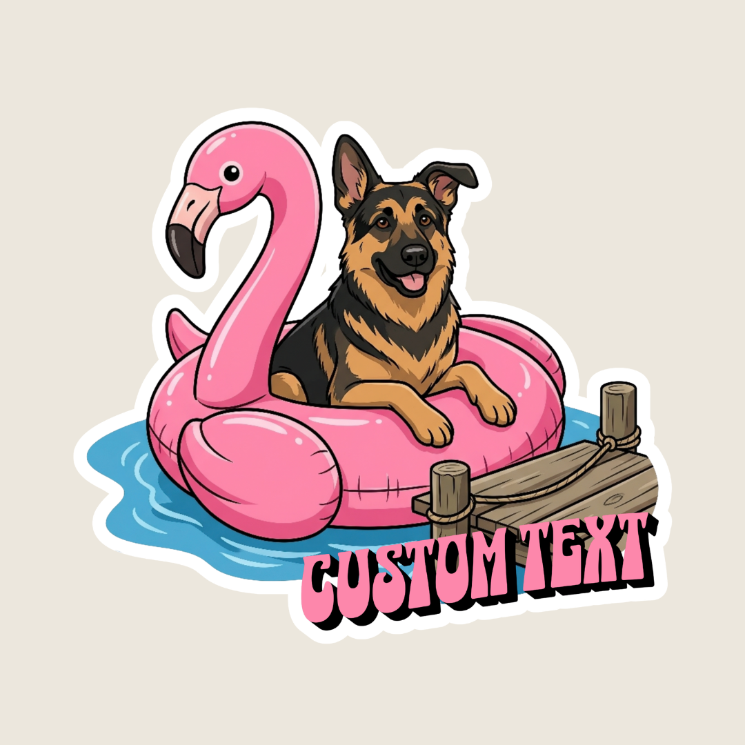 German Shepherd in a Flamingo Pool Float Custom Sticker