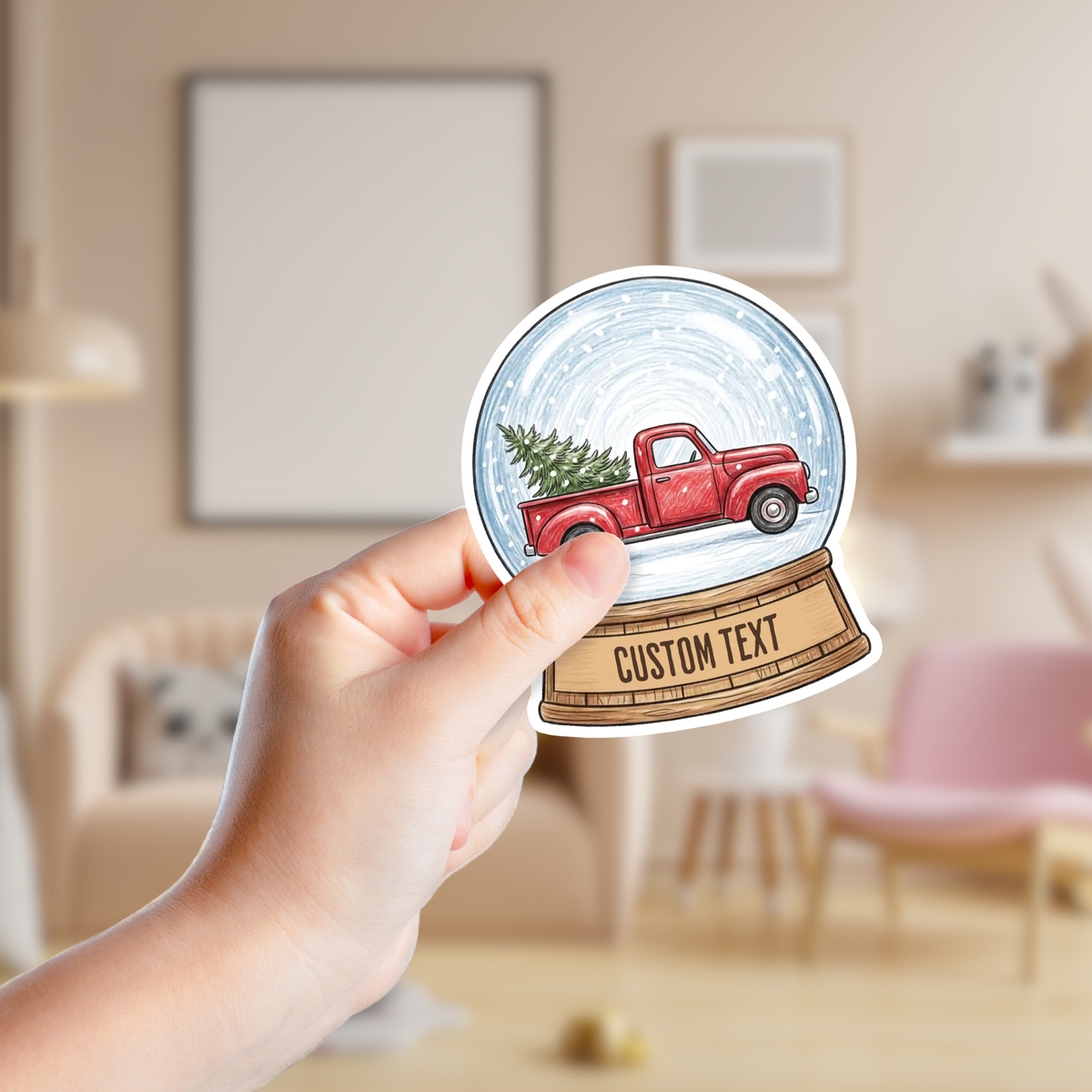 Vintage Red Truck with Christmas Tree Snow Globe Custom Sticker