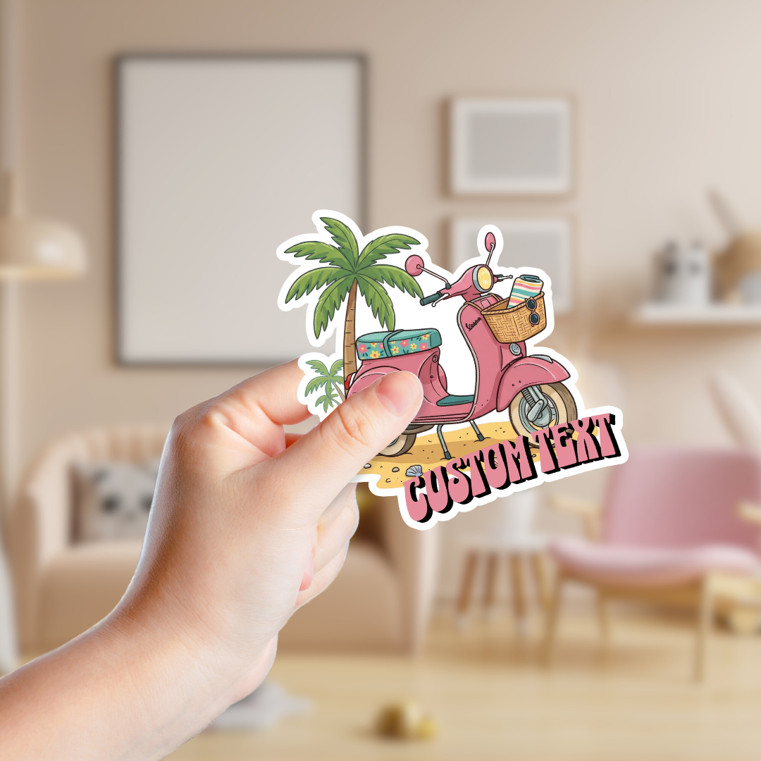 Pink Moped at the Beach Custom Sticker