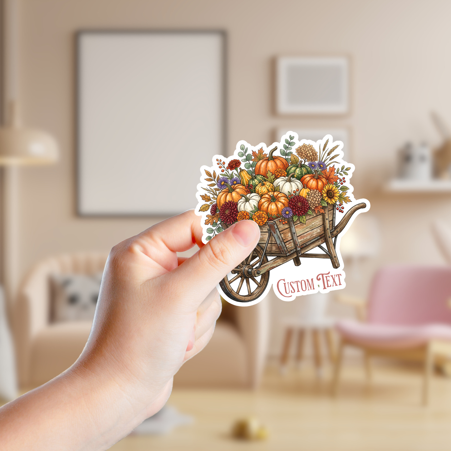 Fall Rustic Wheelbarrow full of Pumpkins Custom Sticker