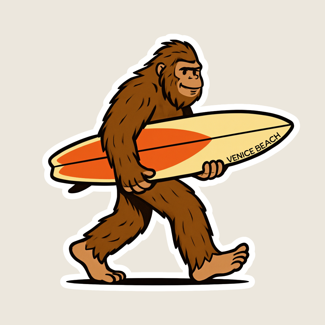 Big Foot Carrying a Surfboard Funny Souvenir Sticker