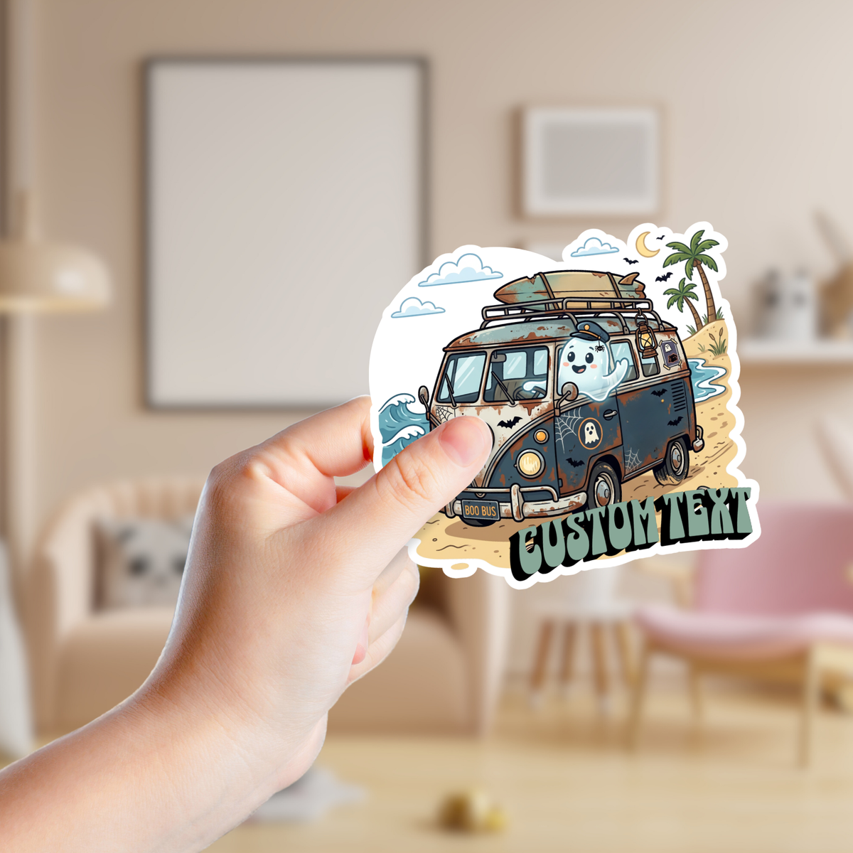 Spooky VW Van at the Beach Custom Sticker