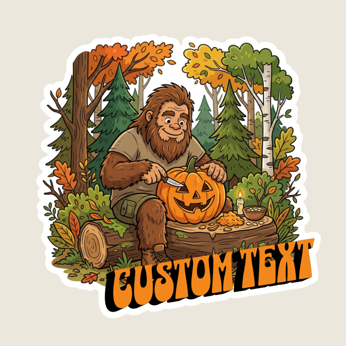 Big Foot Carving a Pumpkin in the Woods Custom Sticker