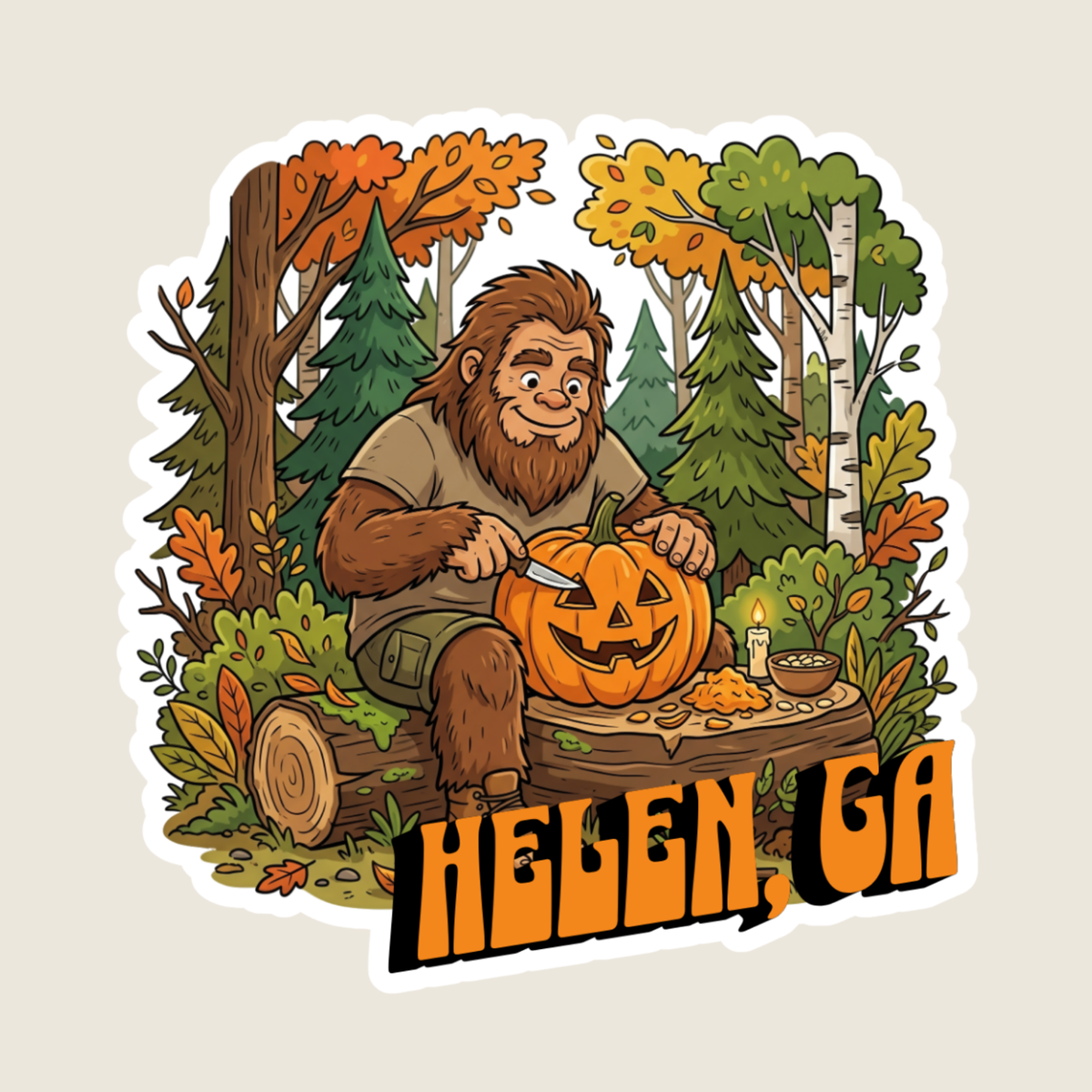Big Foot Carving a Pumpkin in the Woods Custom Sticker