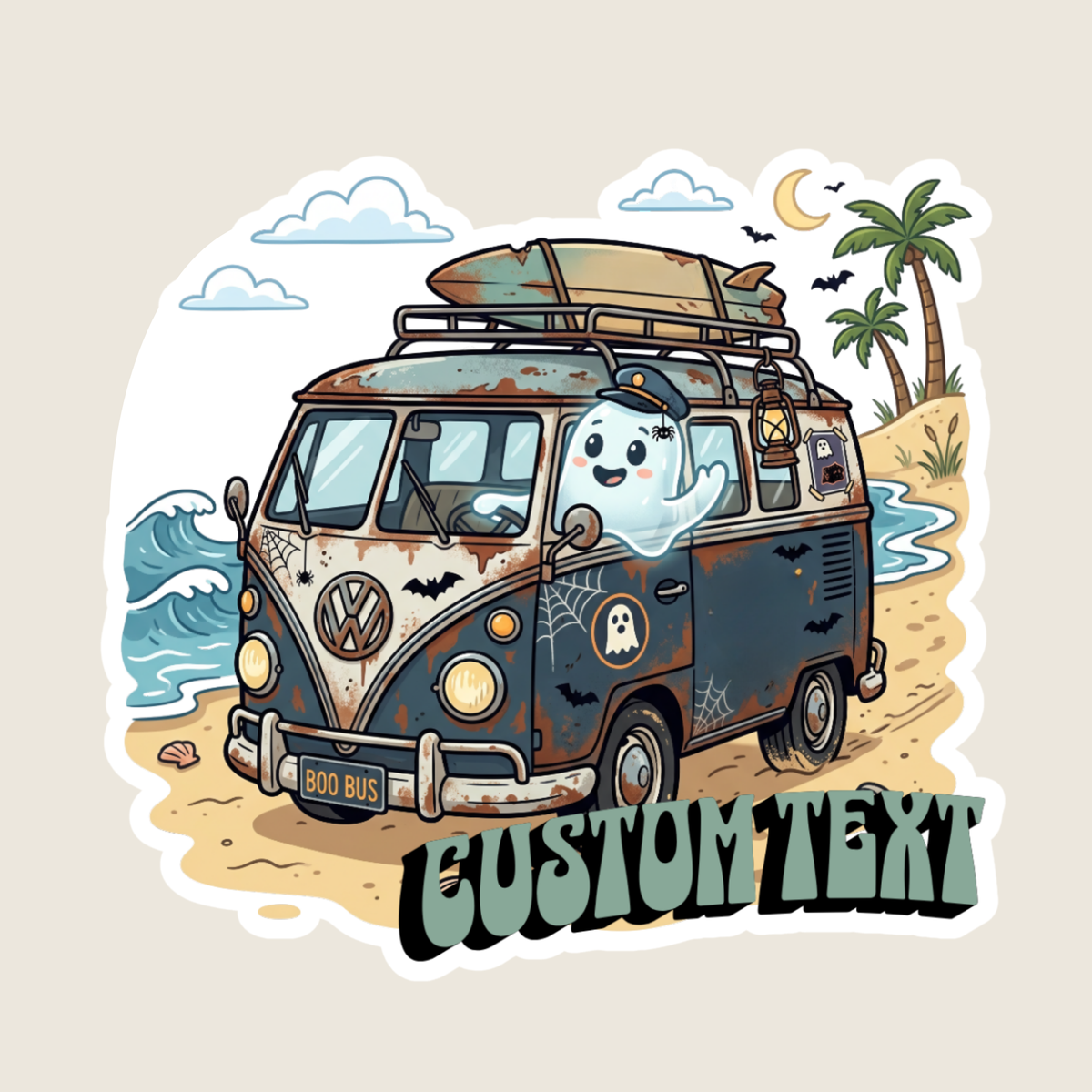Spooky VW Van at the Beach Custom Sticker
