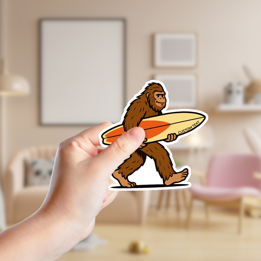 Big Foot Carrying a Surfboard Funny Souvenir Sticker