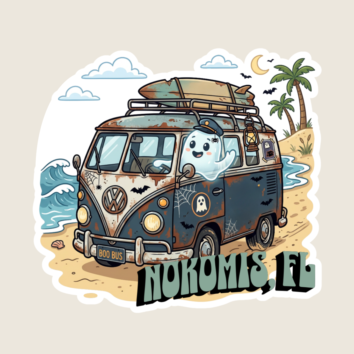 Spooky VW Van at the Beach Custom Sticker