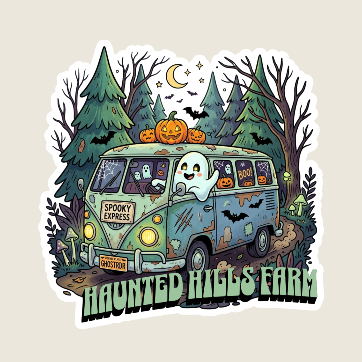 Spooky VW Van in the Woods Custom Sticker