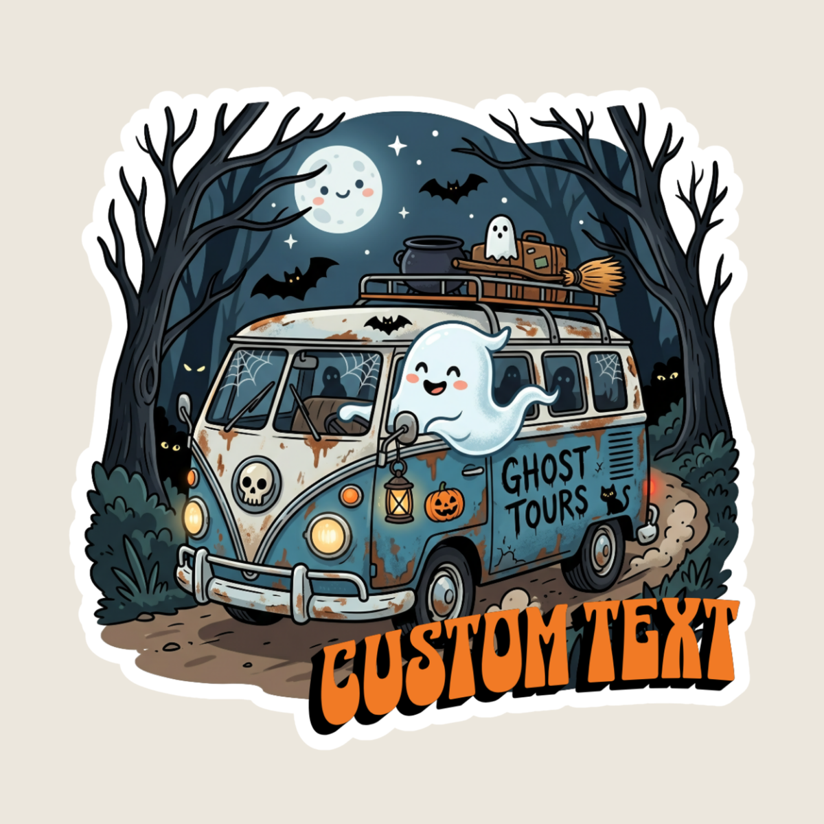 Spooky VW Van in the Woods at Night Custom Sticker