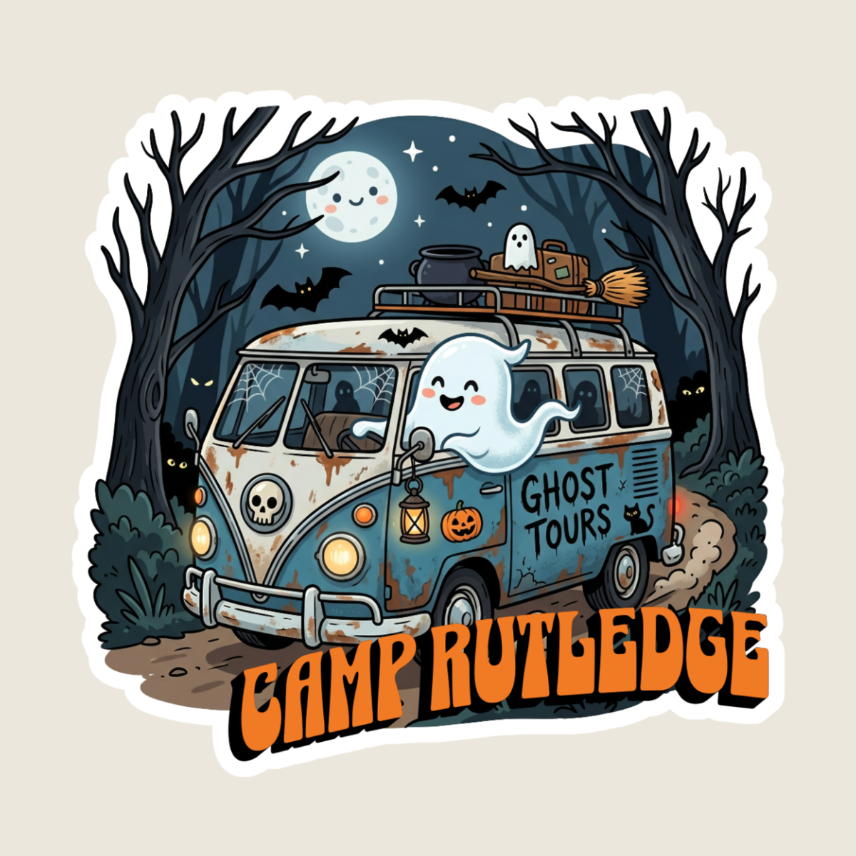 Spooky VW Van in the Woods at Night Custom Sticker