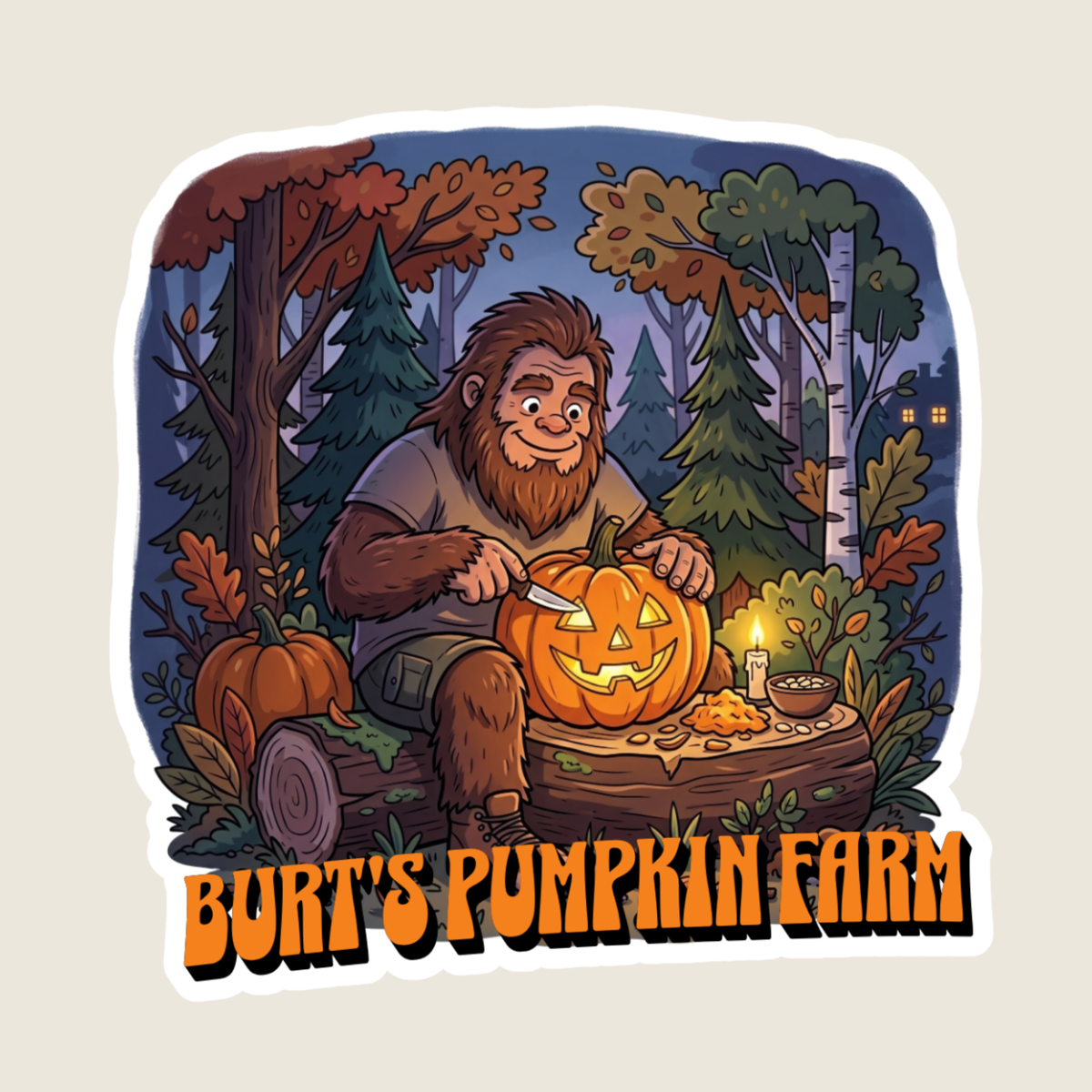 Big Foot Carving a Jack O Lantern at Night Custom Sticker