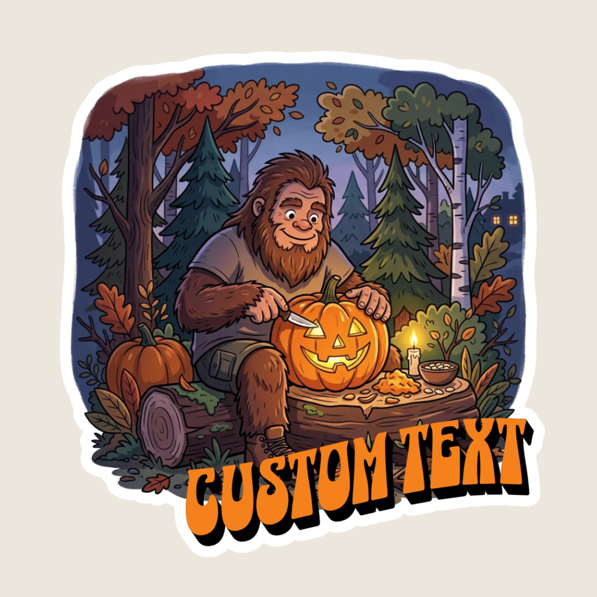 Big Foot Carving a Jack O Lantern at Night Custom Sticker