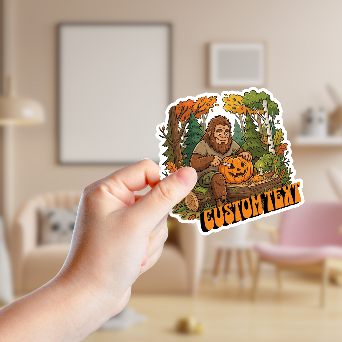 Big Foot Carving a Pumpkin in the Woods Custom Sticker