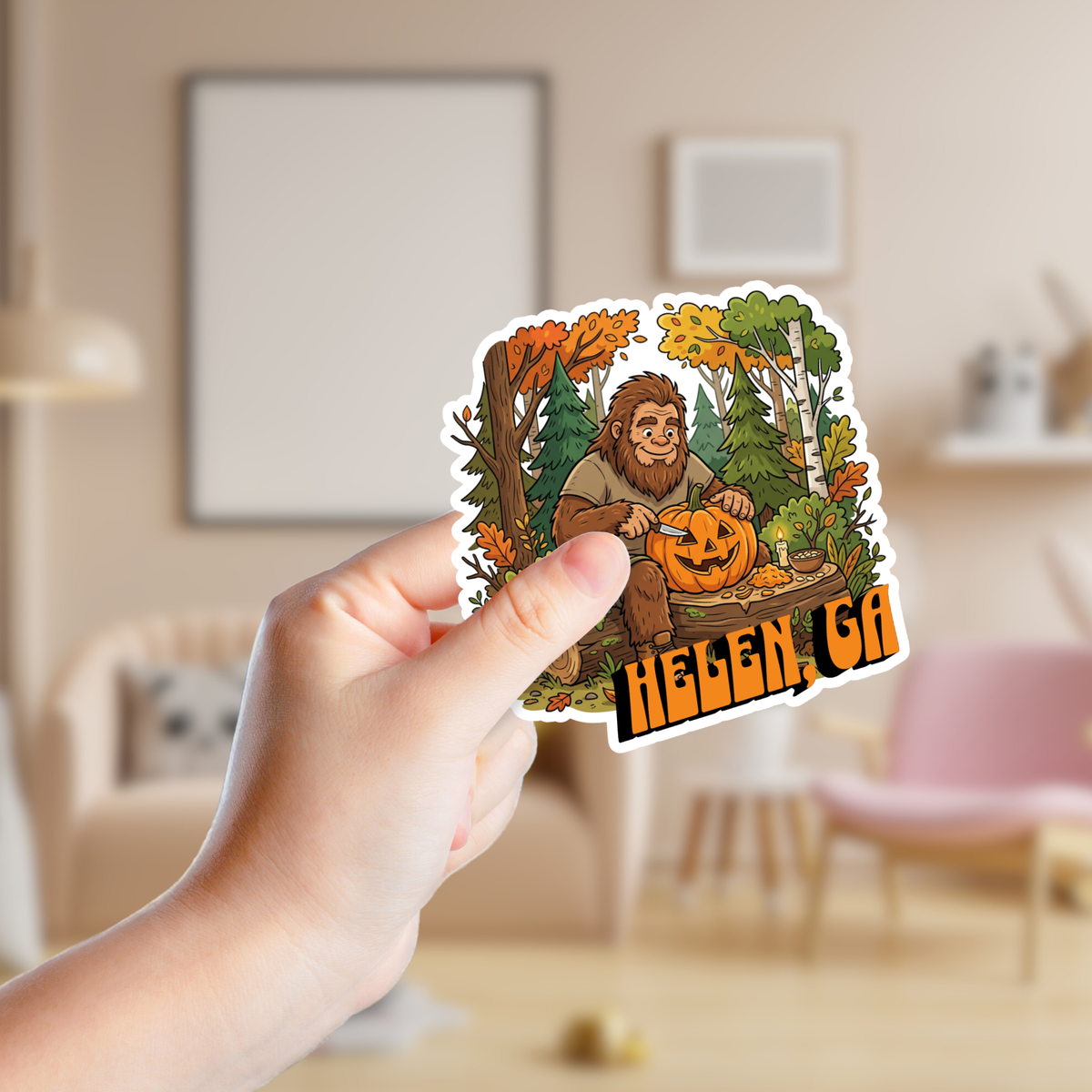Big Foot Carving a Pumpkin in the Woods Custom Sticker