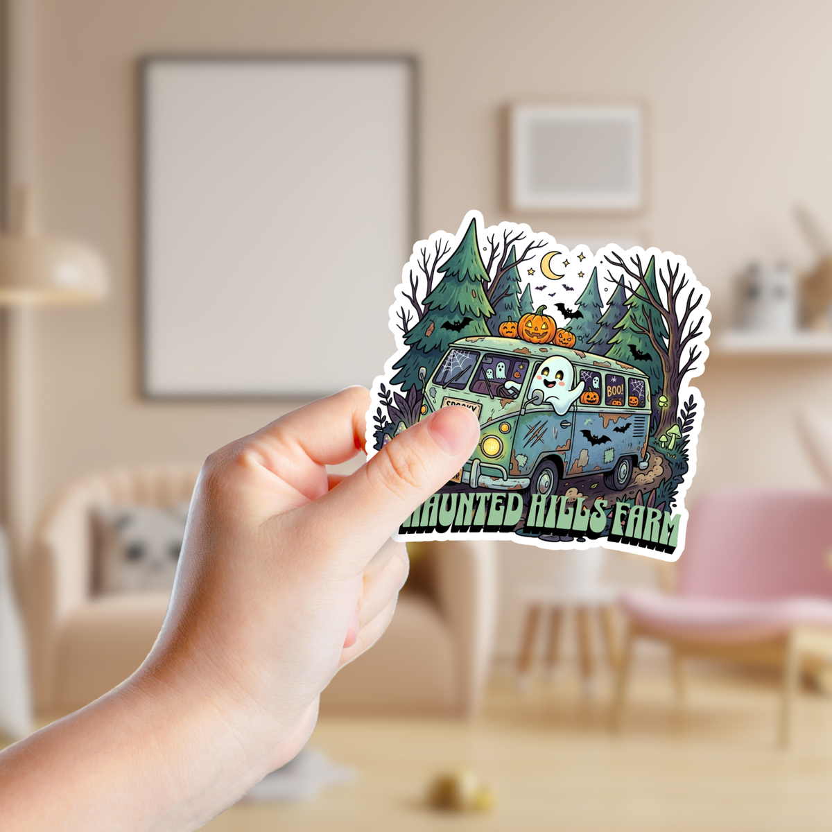 Spooky VW Van in the Woods Custom Sticker