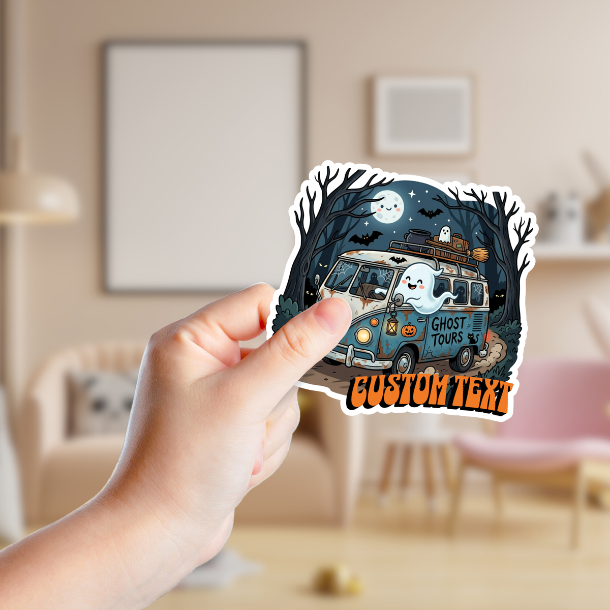 Spooky VW Van in the Woods at Night Custom Sticker