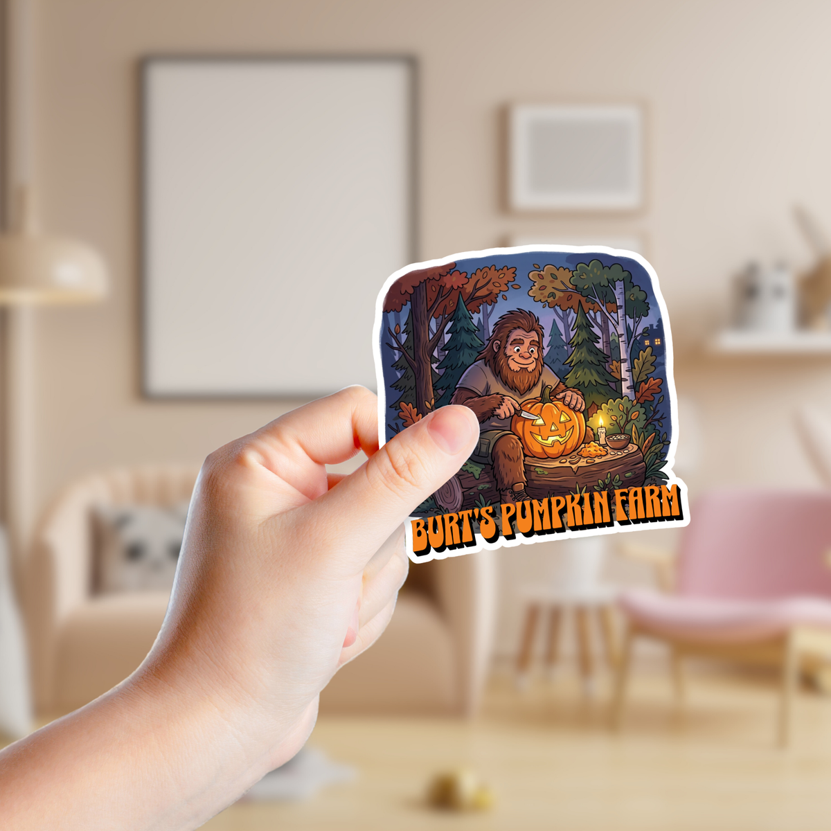 Big Foot Carving a Jack O Lantern at Night Custom Sticker