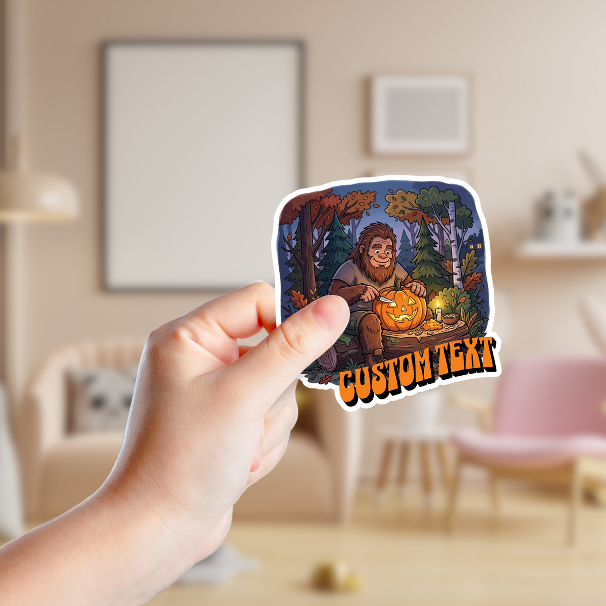 Big Foot Carving a Jack O Lantern at Night Custom Sticker