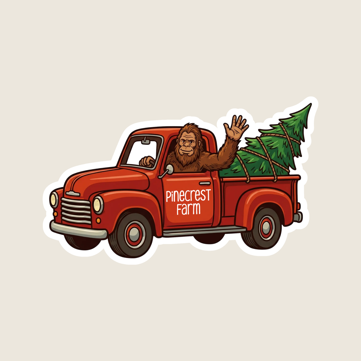 Red Vintage Christmas Truck with Bigfoot Custom Sticker