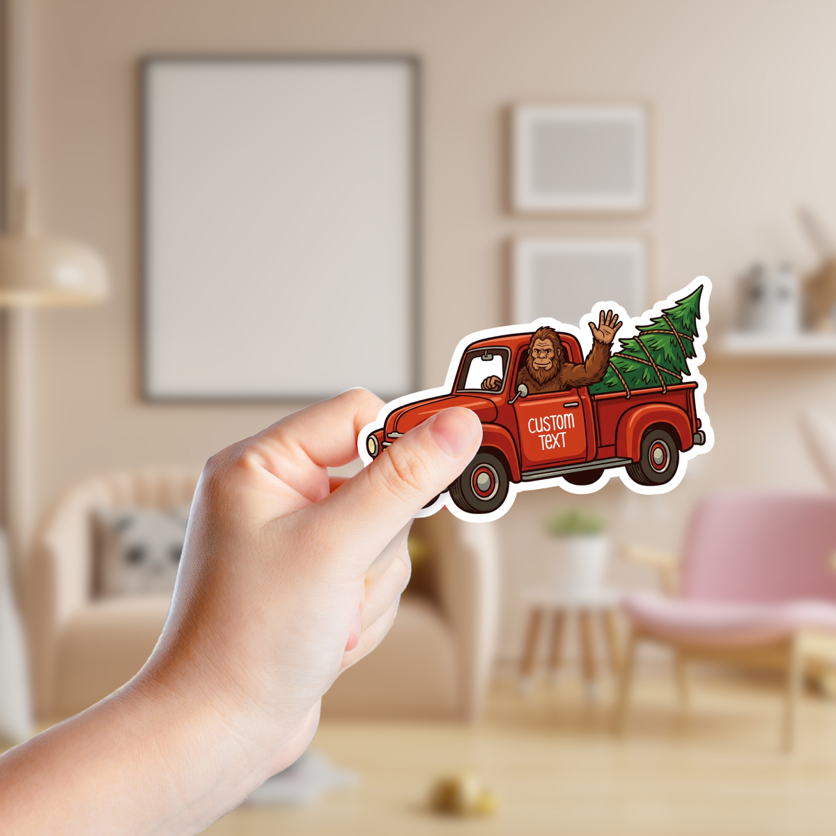 Red Vintage Christmas Truck with Bigfoot Custom Sticker