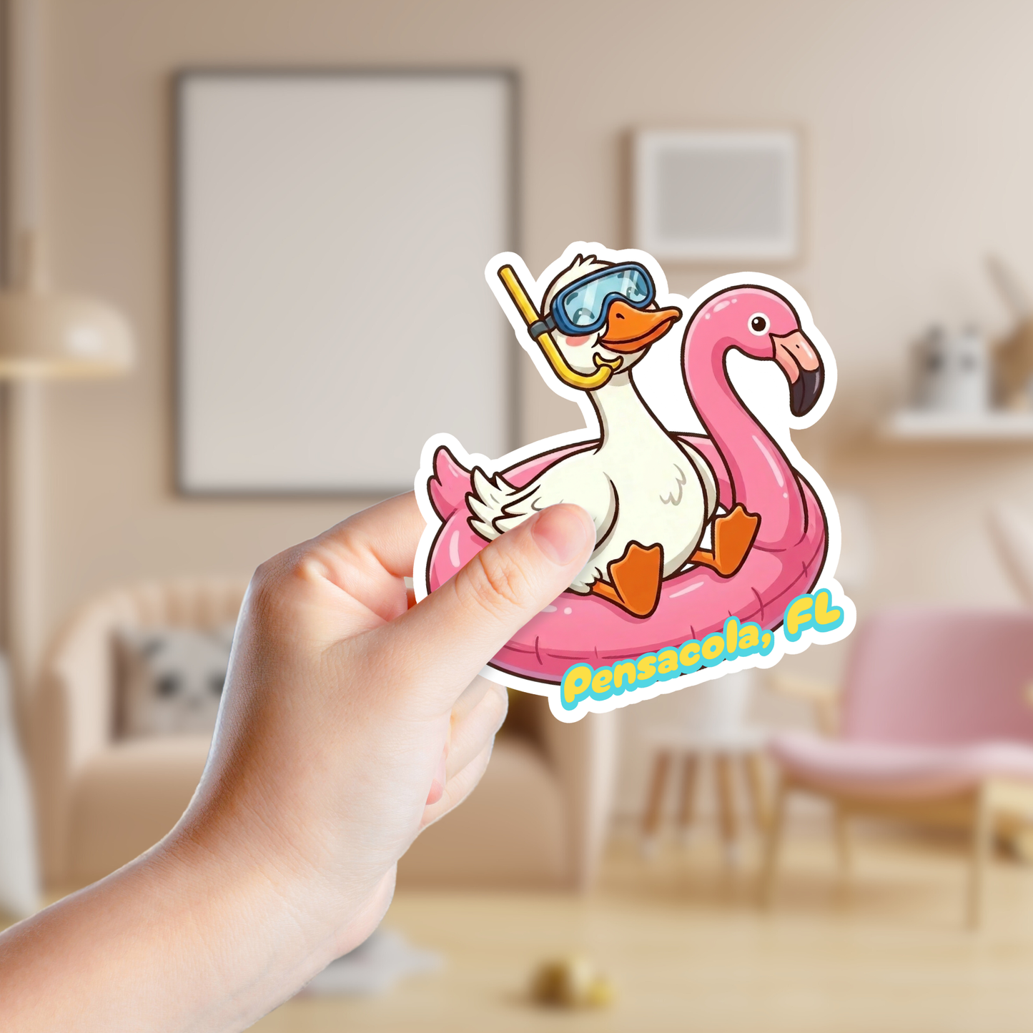 Snorkeling Silly Goose in a Flamingo Float Custom Funny Sticker