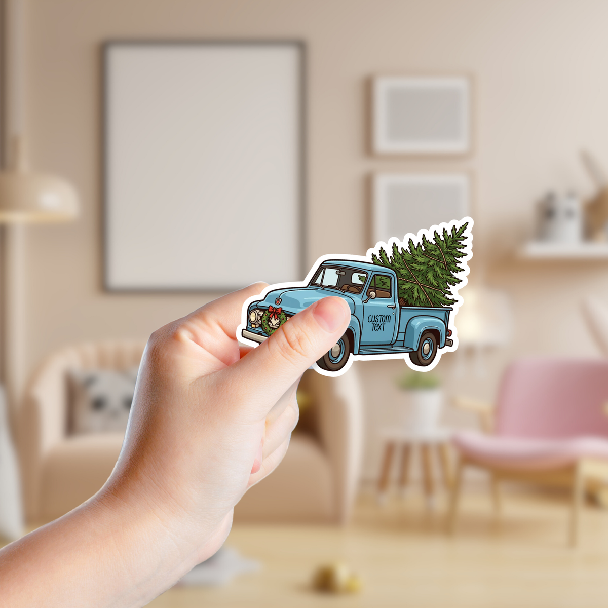 Blue Vintage Christmas Truck with Tree Custom Sticker