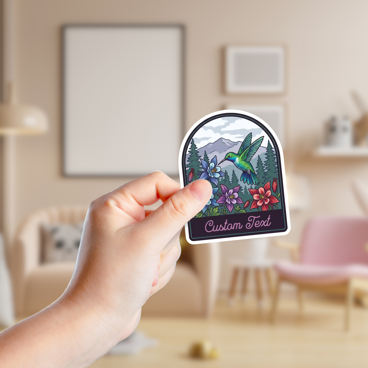 Hummingbird with Flowers in the Mountains Custom Sticker