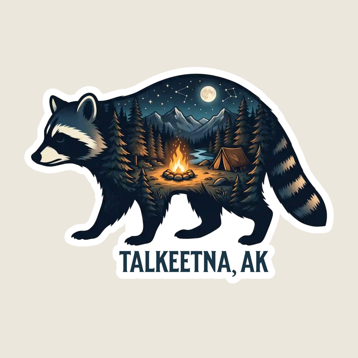 Raccoon Mountain Camping Scene Custom Sticker
