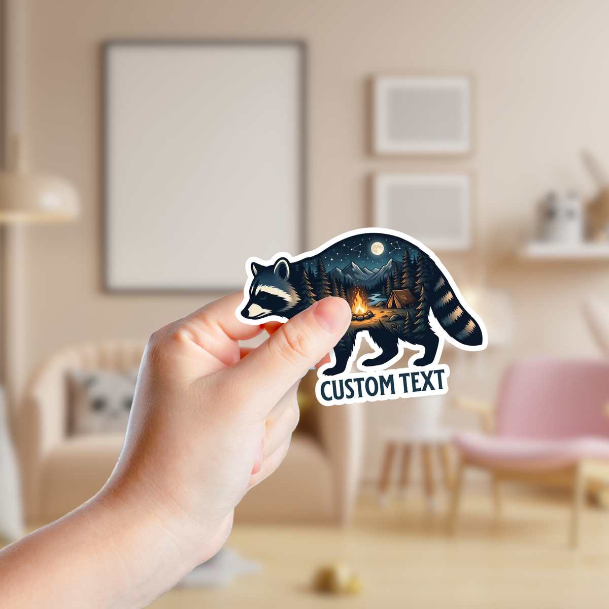 Raccoon Mountain Camping Scene Custom Sticker