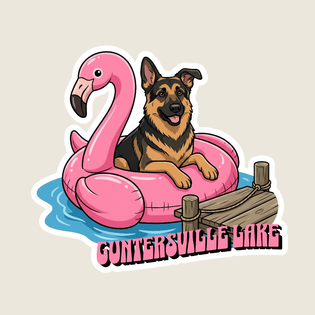 German Shepherd in a Flamingo Pool Float Custom Sticker