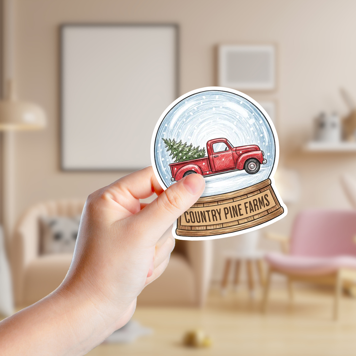 Vintage Red Truck with Christmas Tree Snow Globe Custom Sticker