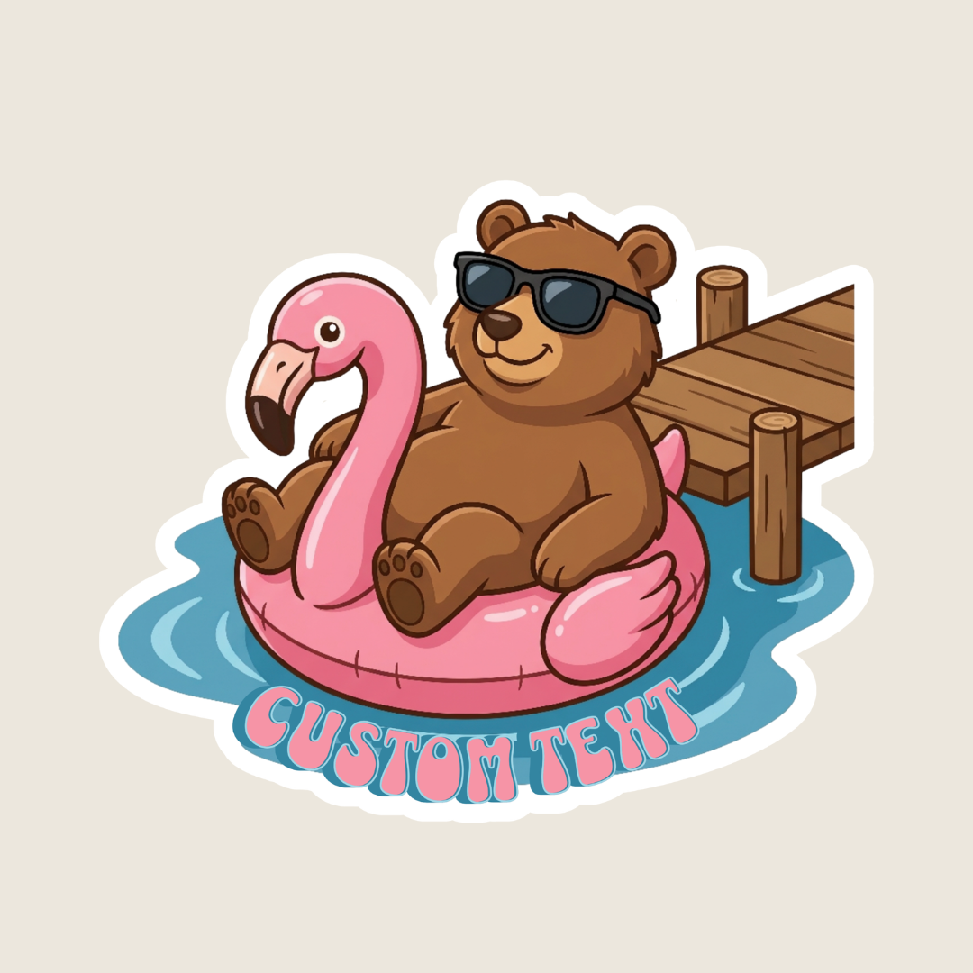 Bear in a Flamingo Pool Float Custom Sticker