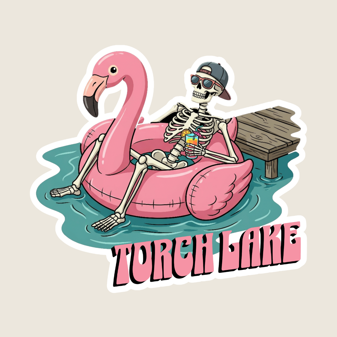 Skeleton in a Flamingo Pool Float Custom Sticker