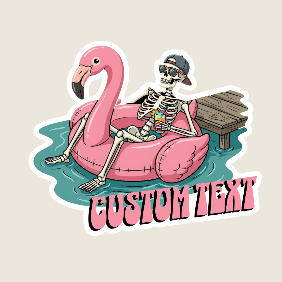 Skeleton in a Flamingo Pool Float Custom Sticker