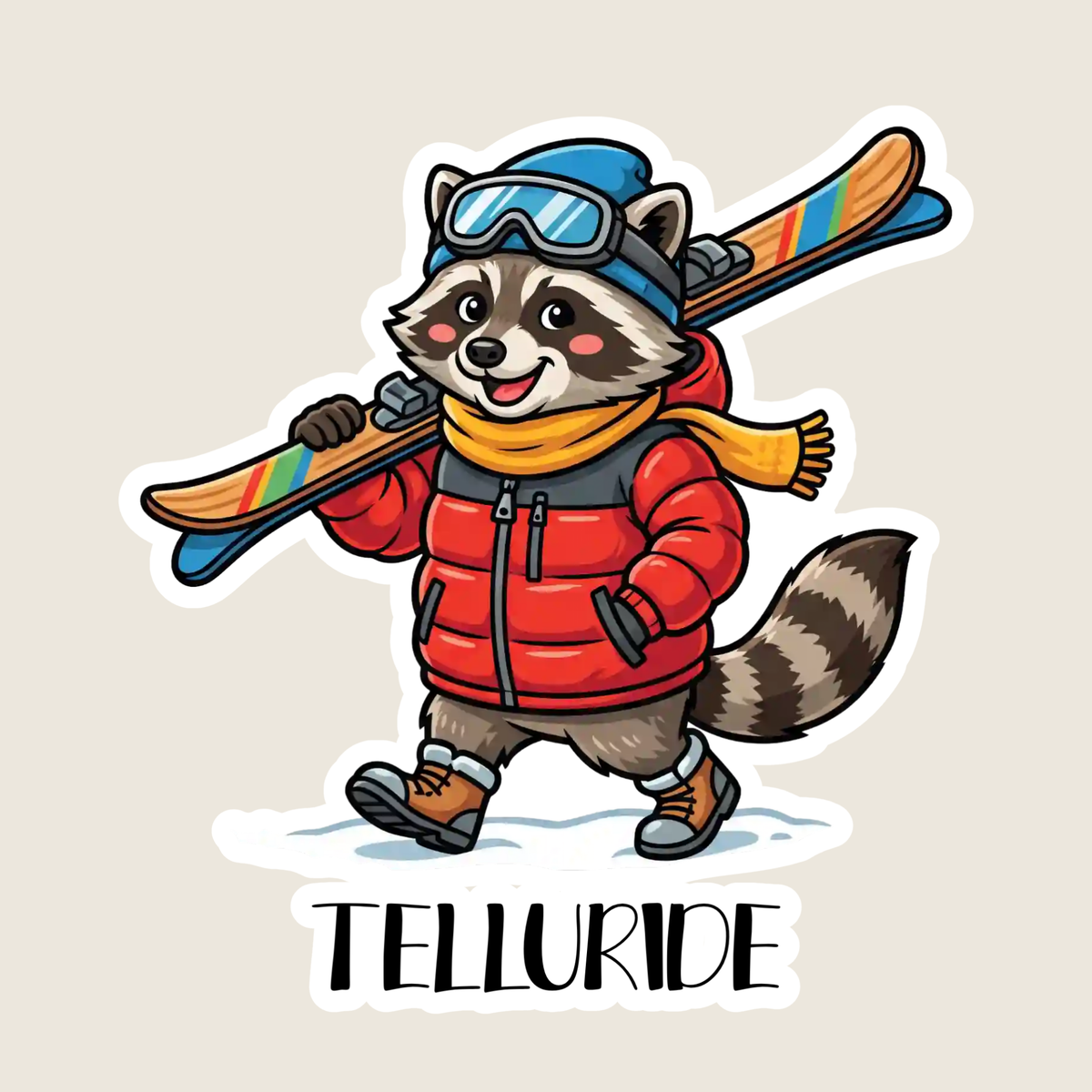Raccoon Going Skiing Custom Sticker