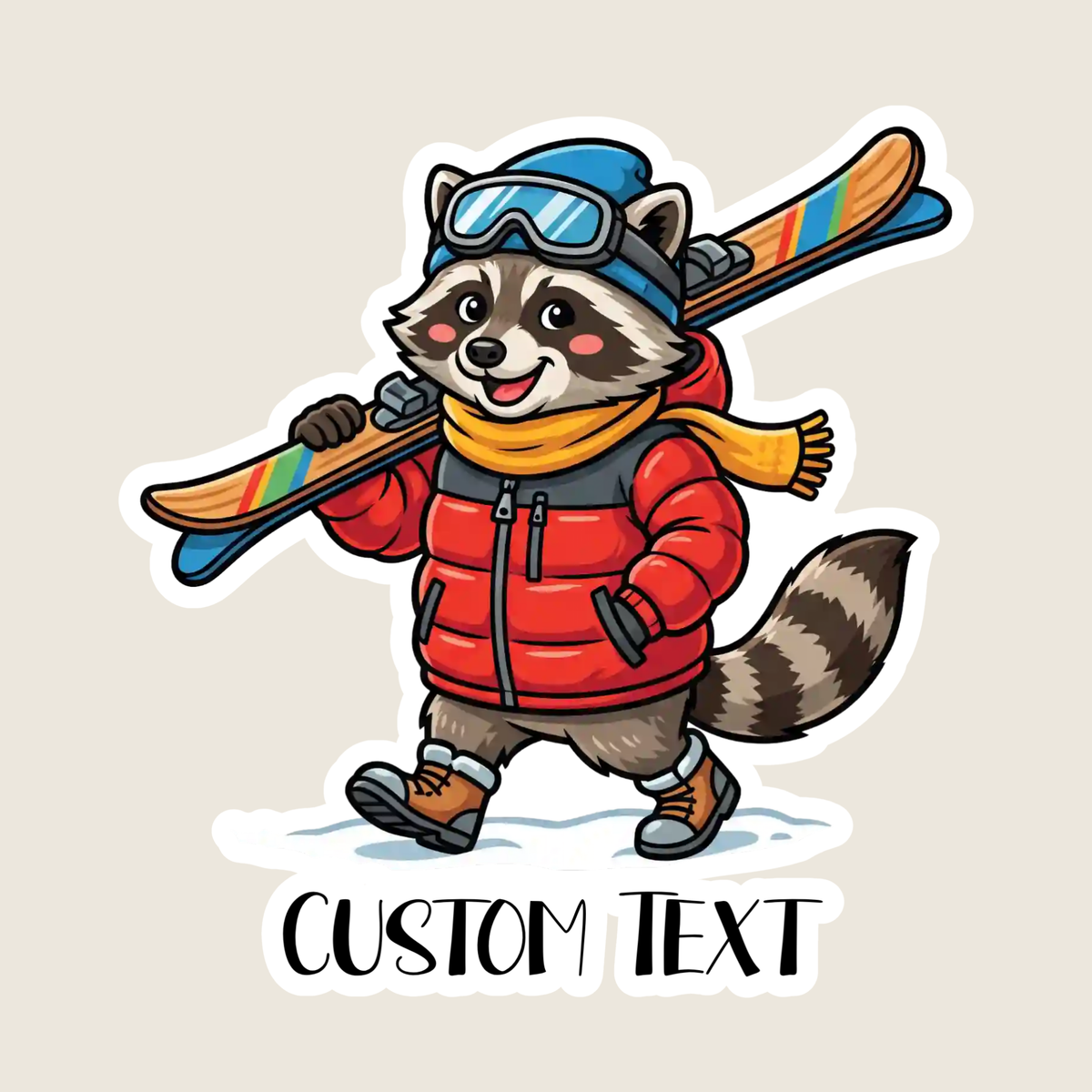 Raccoon Going Skiing Custom Sticker