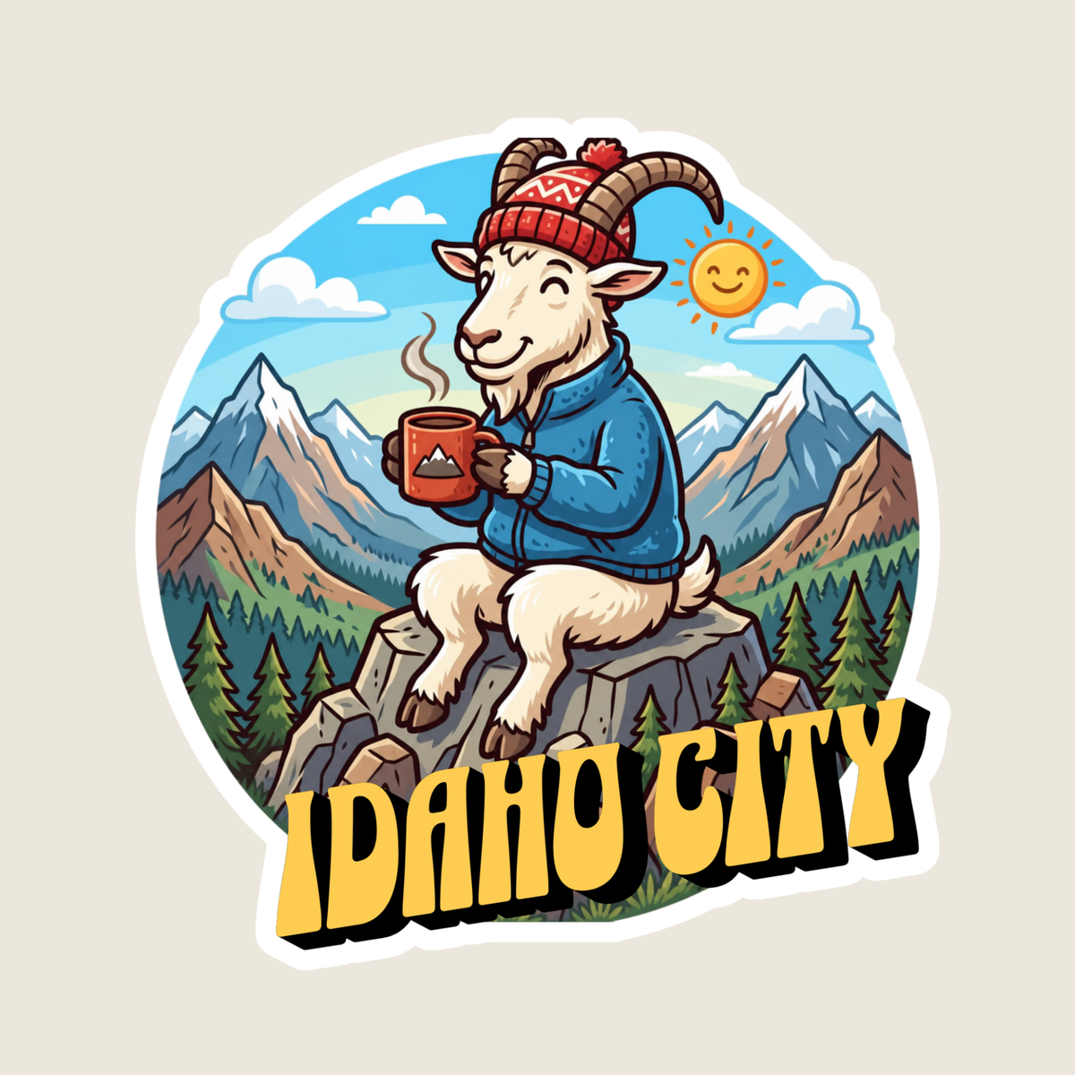 Mountain Goat Drinking Coffee Custom Sticker