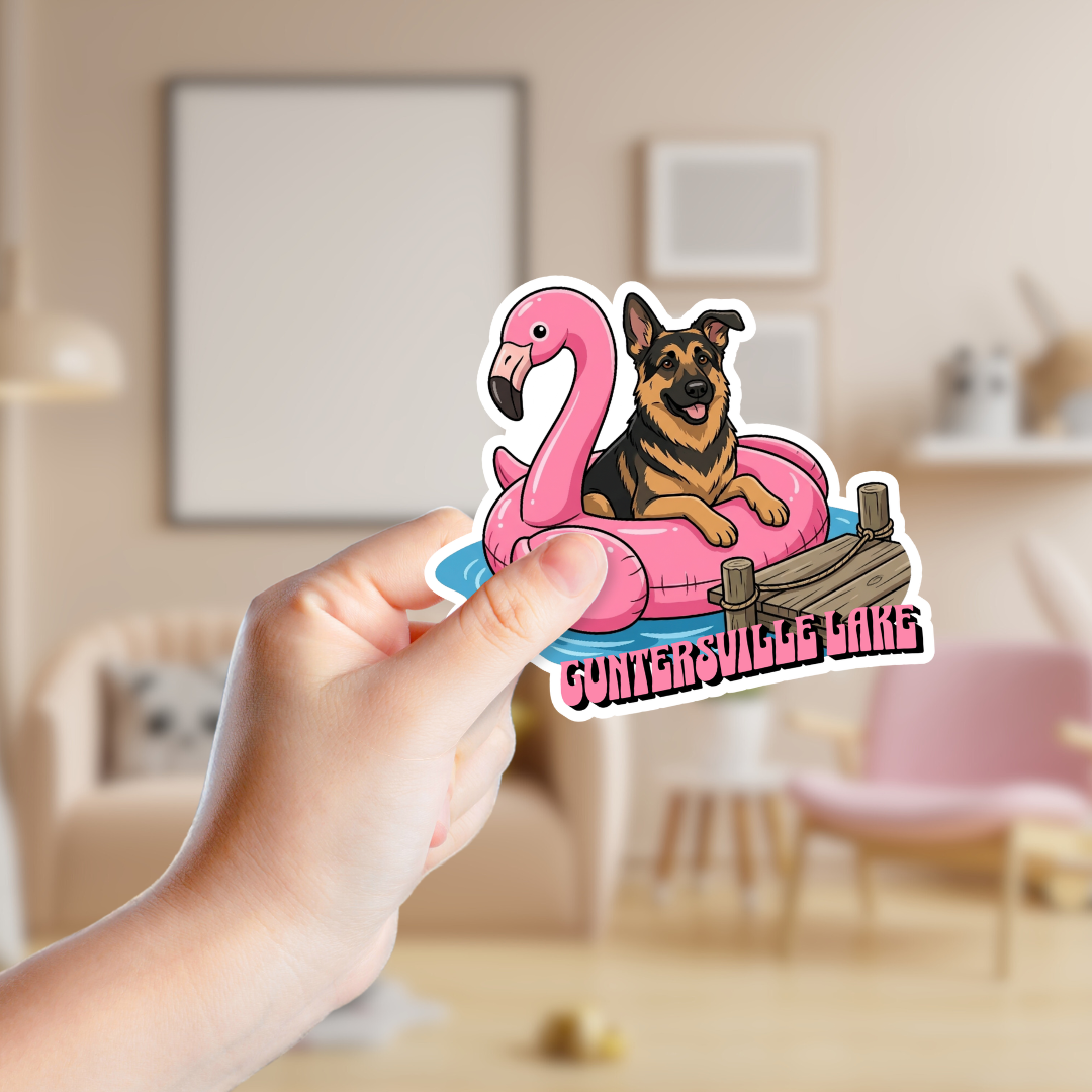 German Shepherd in a Flamingo Pool Float Custom Sticker