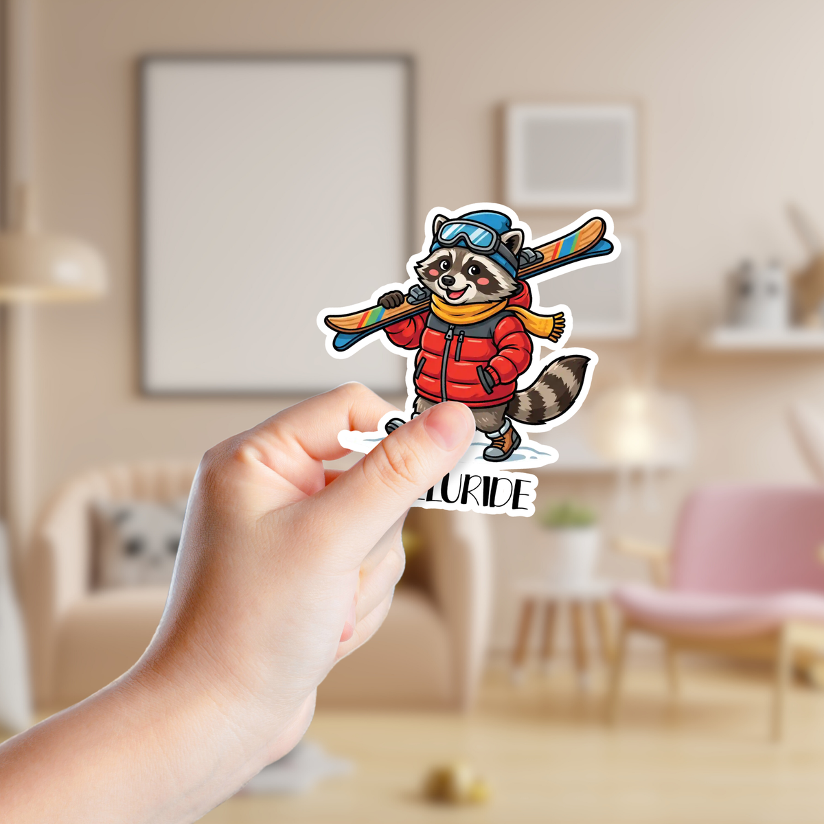 Raccoon Going Skiing Custom Sticker