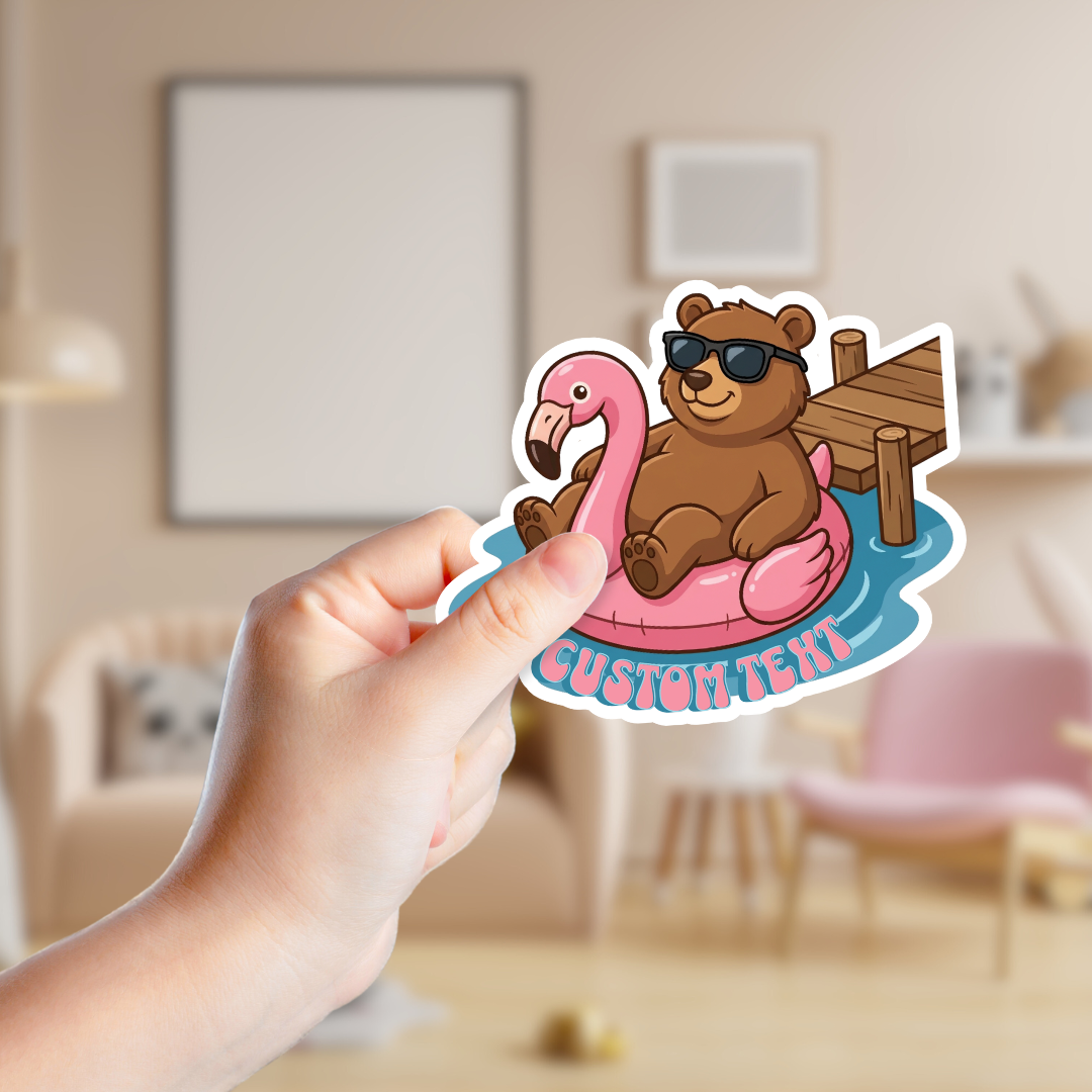 Bear in a Flamingo Pool Float Custom Sticker