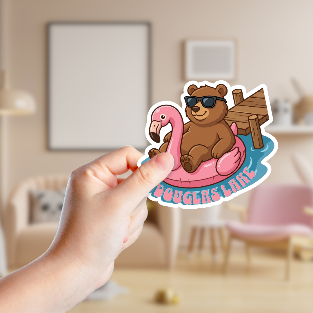 Bear in a Flamingo Pool Float Custom Sticker