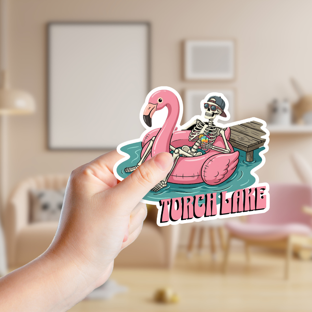 Skeleton in a Flamingo Pool Float Custom Sticker