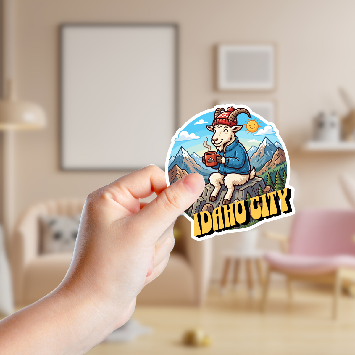 Mountain Goat Drinking Coffee Custom Sticker