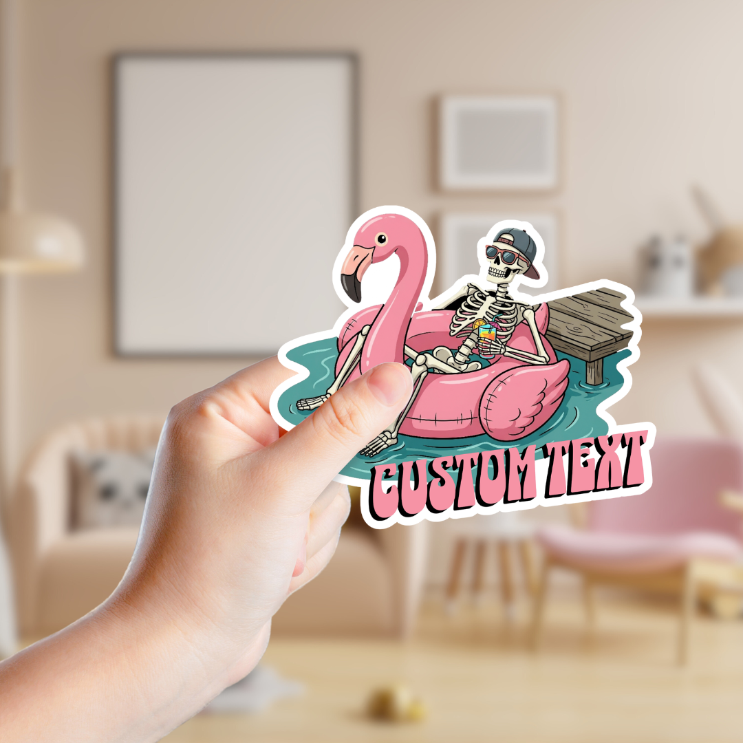 Skeleton in a Flamingo Pool Float Custom Sticker