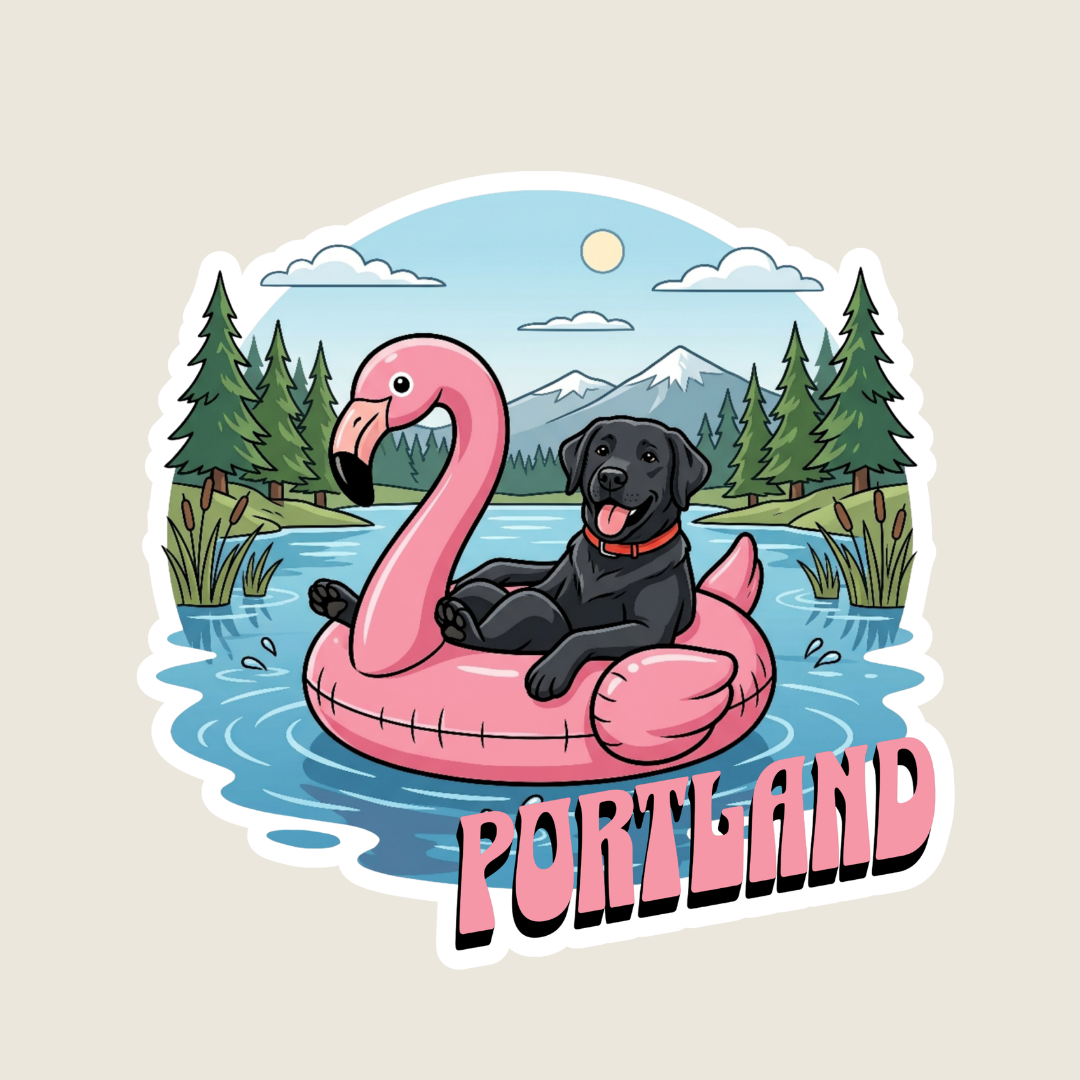 Black Lab in a Flamingo Float Custom Sticker