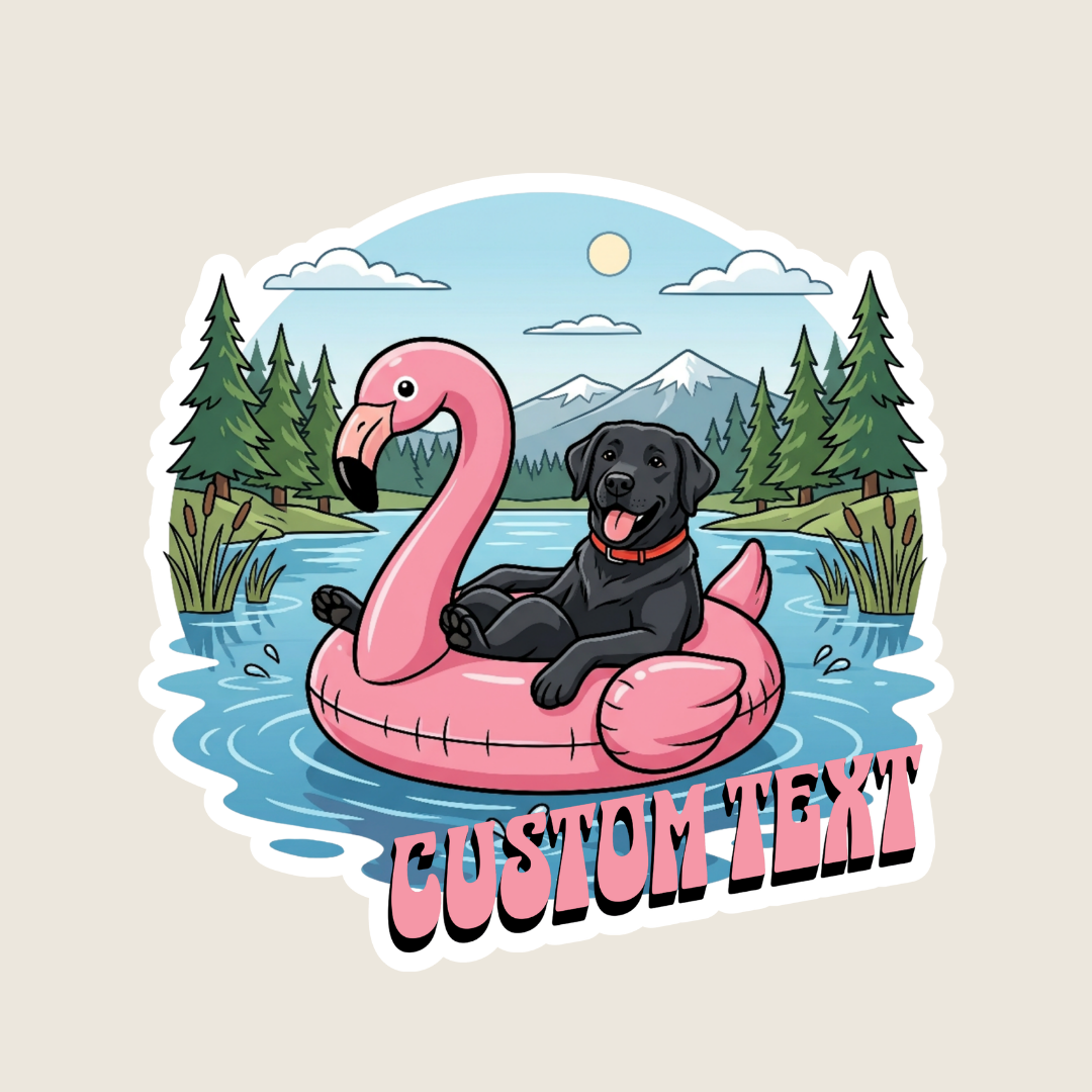 Black Lab in a Flamingo Float Custom Sticker
