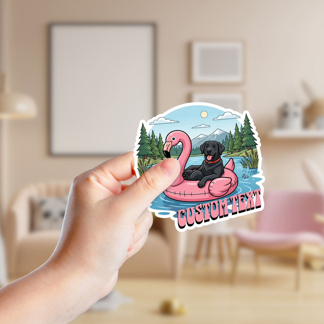Black Lab in a Flamingo Float Custom Sticker